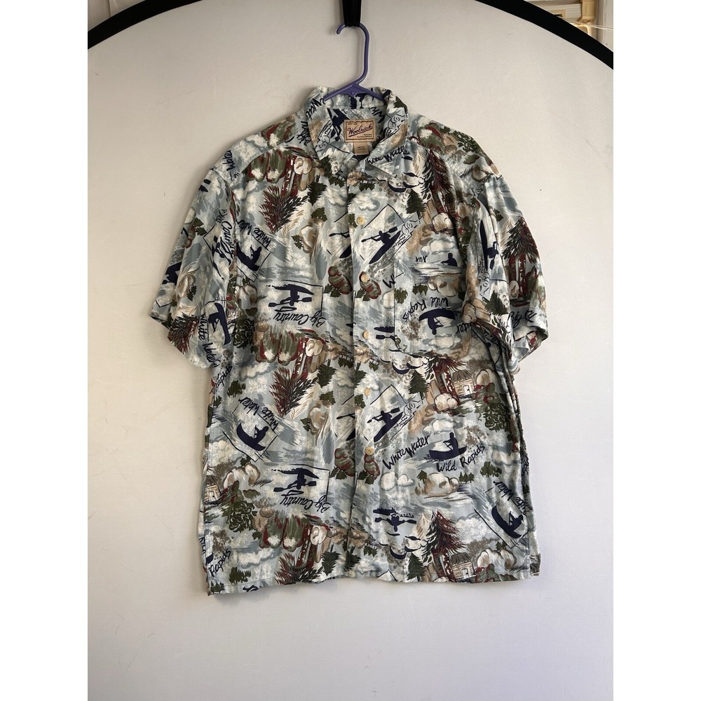 VTG Woolrich Large Short Sleeve Button Down Shirt Kayak White Water Print Cotton